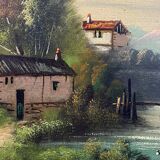 Lively mountainous landscape painting with river, gilded stucco wood frame, late 19th century