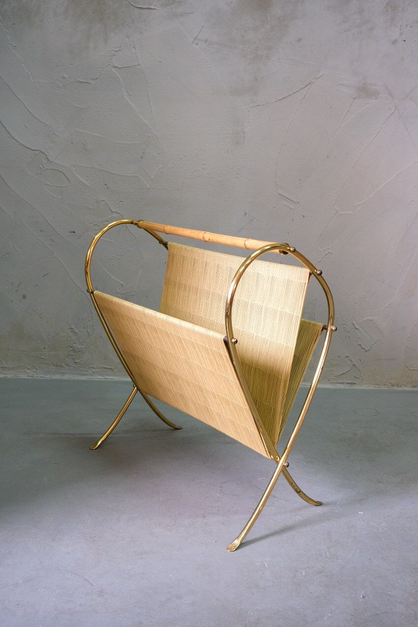 Mid-Century Modern Brass and Bamboo Magazine Rack, Austria 1950s
