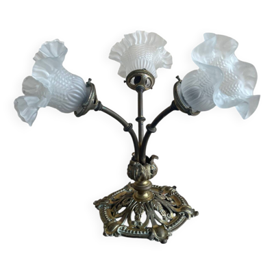 Lustre en bronze doré  3 branches tulipes