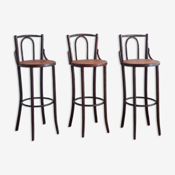 Set of 3 bentwood bar stools with rattan seats, 1970s