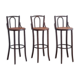 Set of 3 bentwood bar stools with rattan seats, 1970s