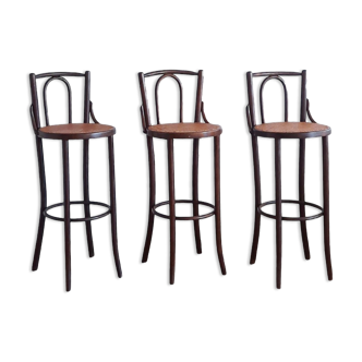 Lot de 3 tabourets de bar en bois courbé avec sièges en rotin, années 1970