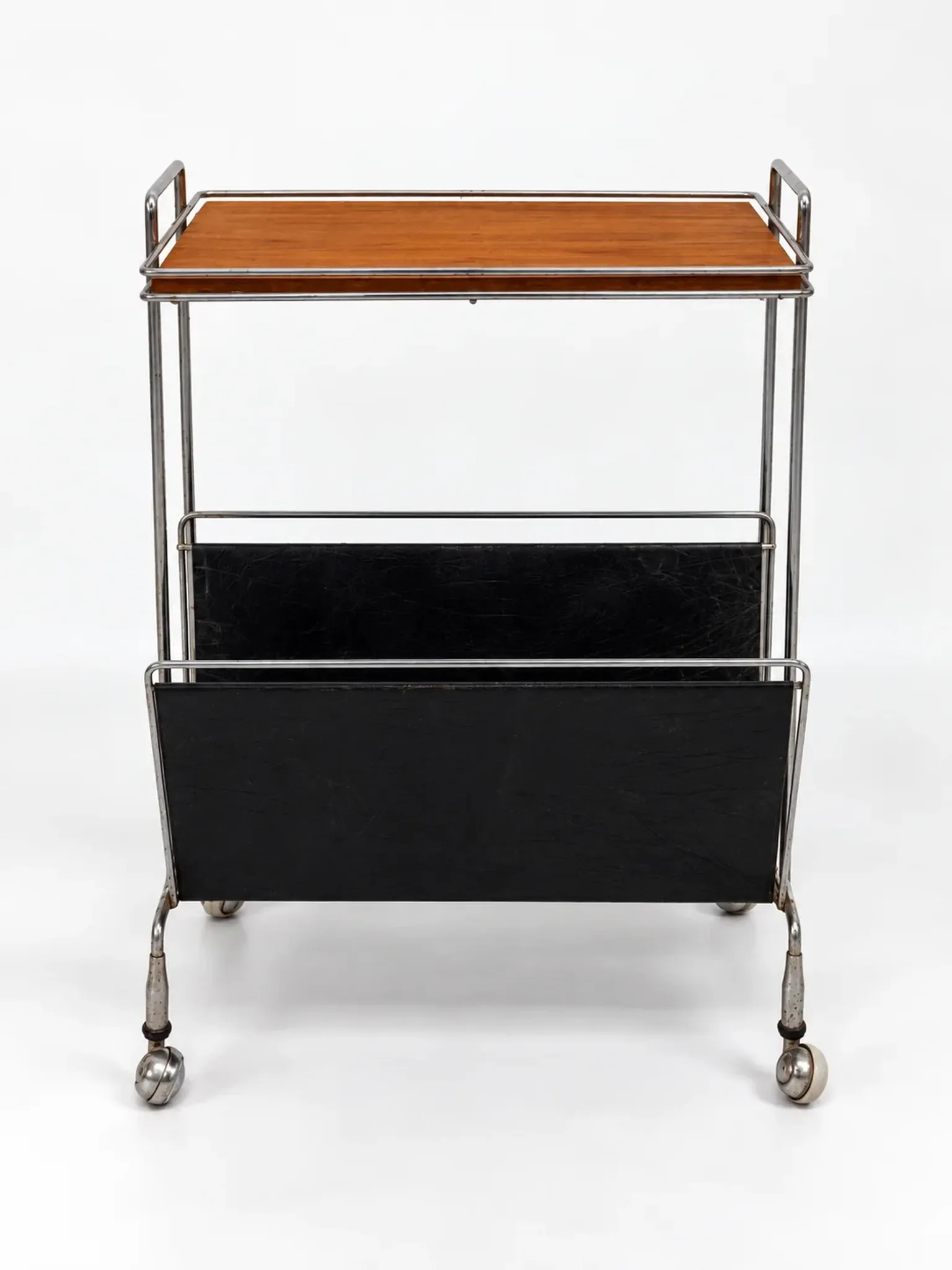 Mid-Century chrome and wood bar cabinet with magazine rack