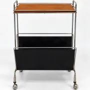 Mid-Century chrome and wood bar cabinet with magazine rack