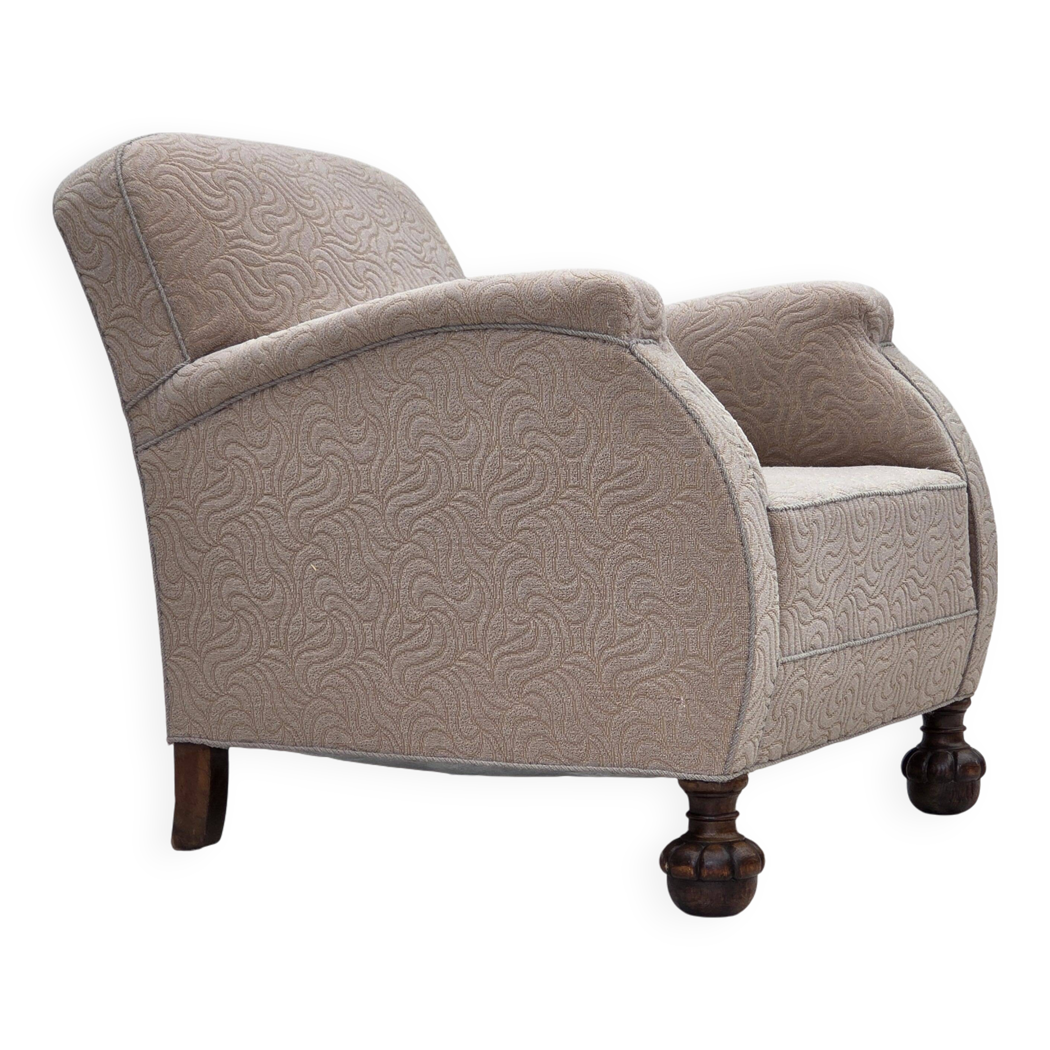 1950s, Danish artdeco armchair, furniture wool, oak wood legs.