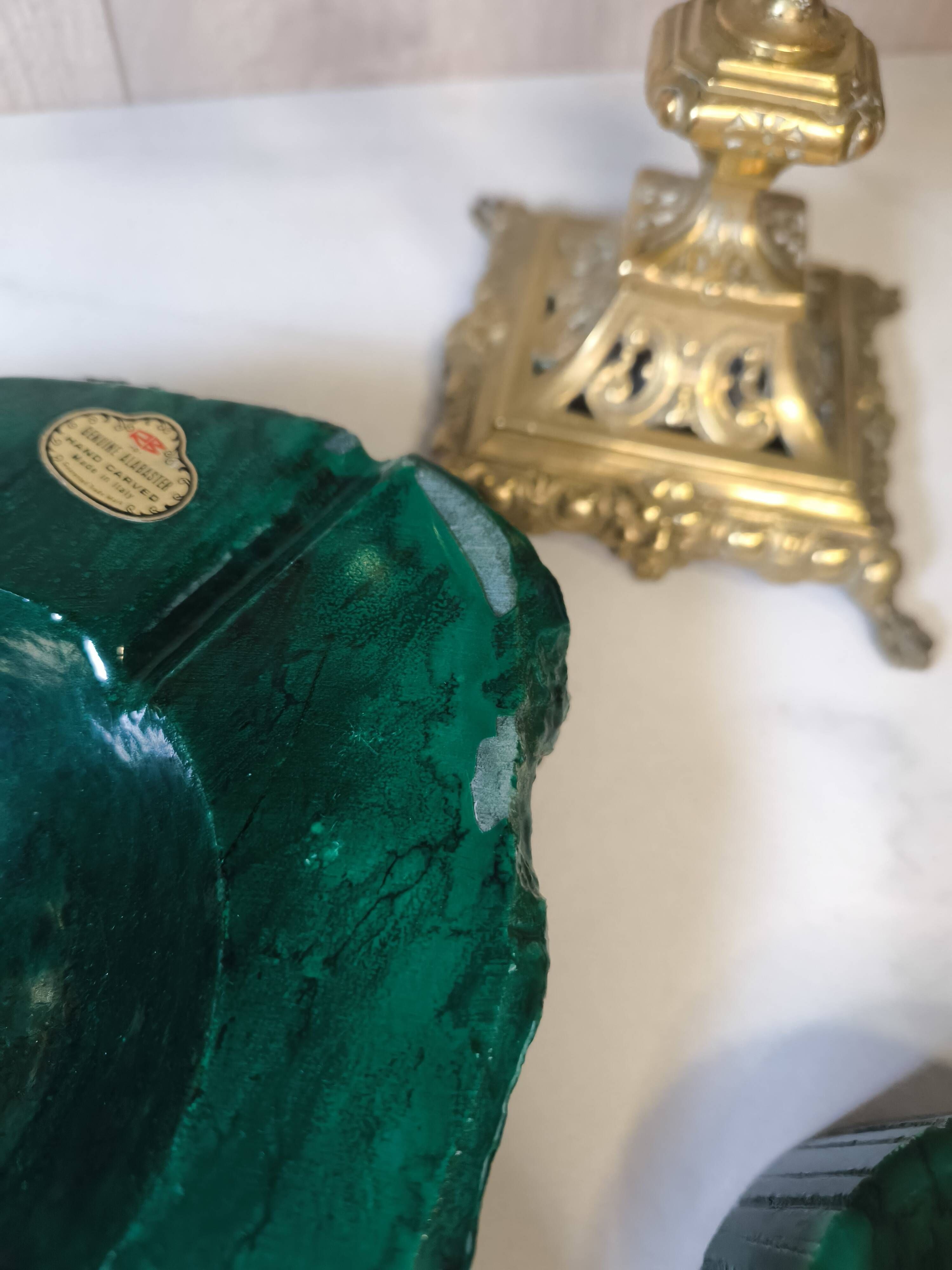 Vintage 70's Desk Set in Green Alabaster Malachite - 3 Pieces - Ita