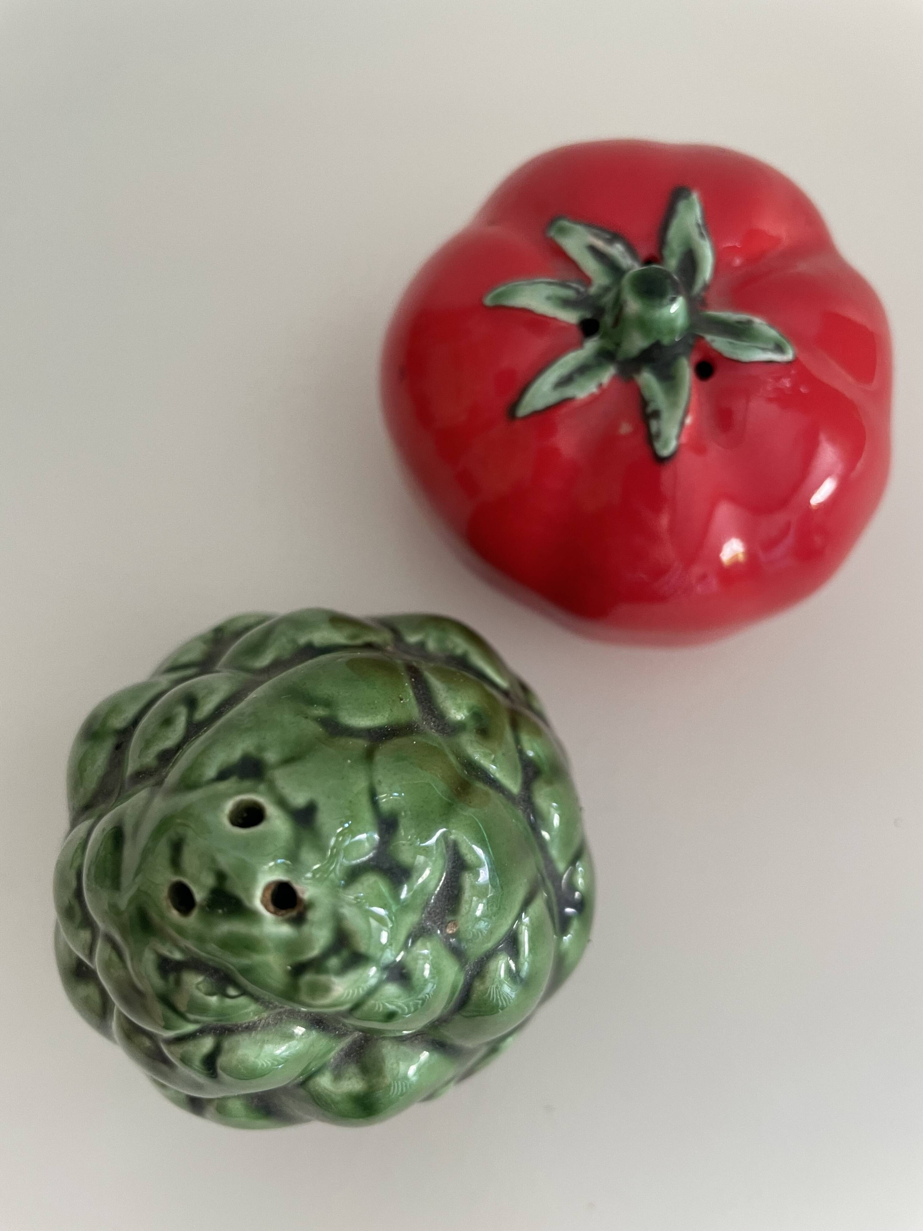 Ceramic artichoke tomato salt and pepper shakers in slip