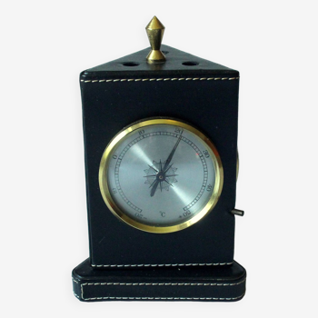 Pen holder for 3 pens - turnable weather station, made of leatherette, brass and glass, vintage