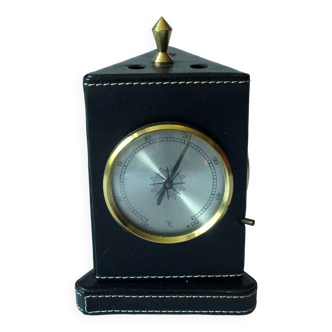 Pen holder for 3 pens - turnable weather station, made of leatherette, brass and glass, vintage