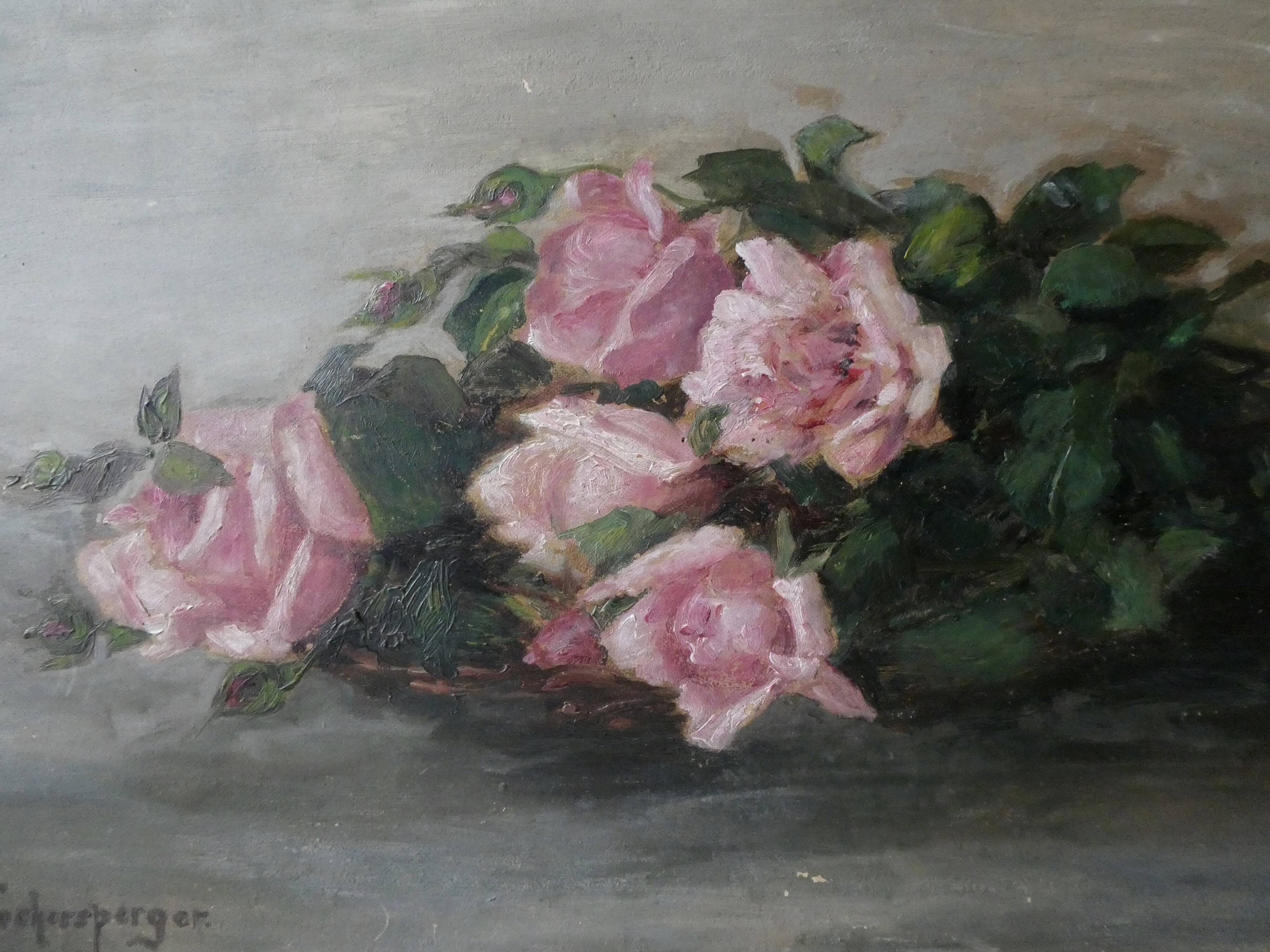 Table, oil on cardboard, bouquet of roses, 1930s