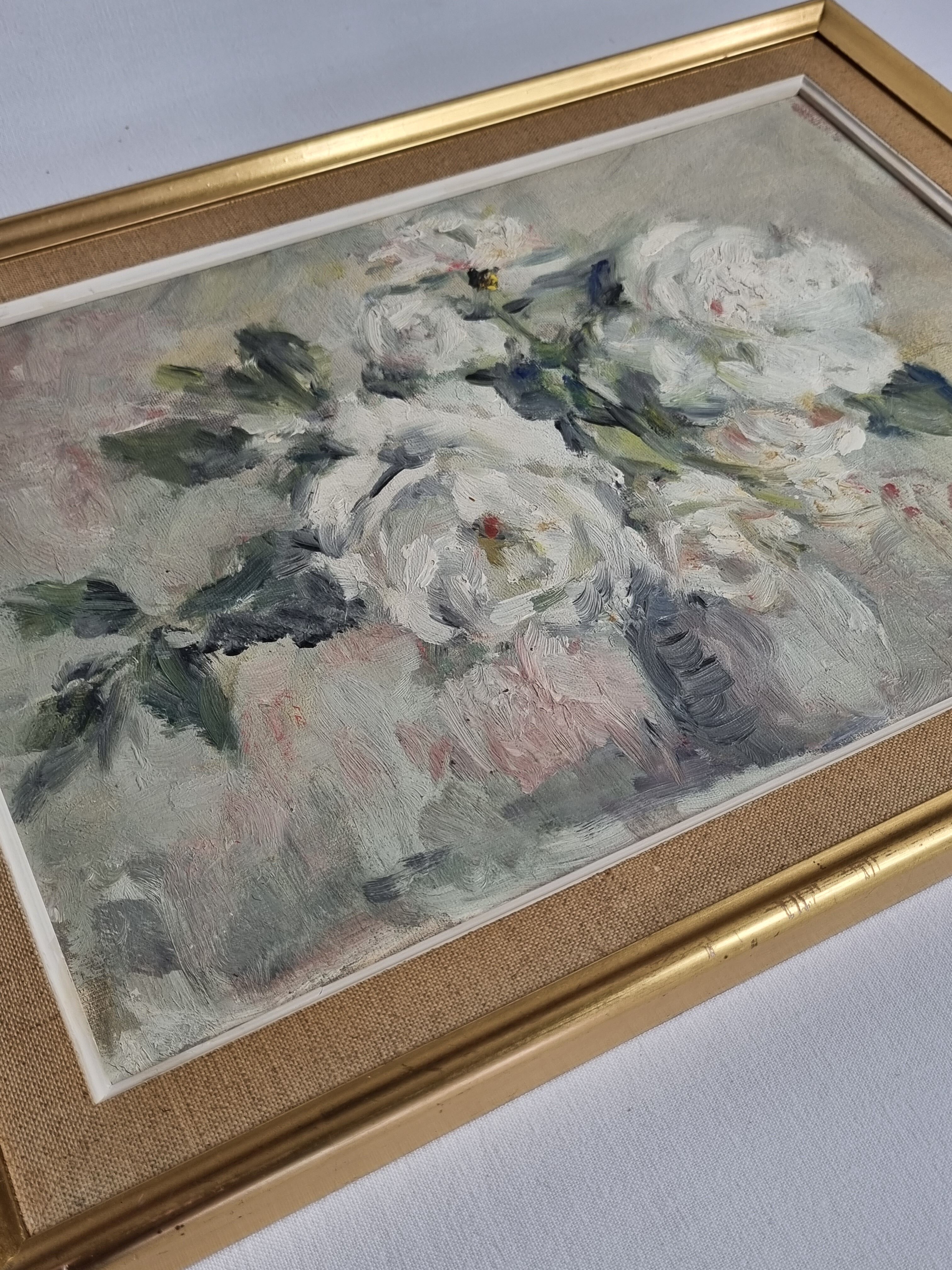 Floral composition, roses, oil on panel signed Line Roll.