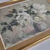 Floral composition, roses, oil on panel signed Line Roll.