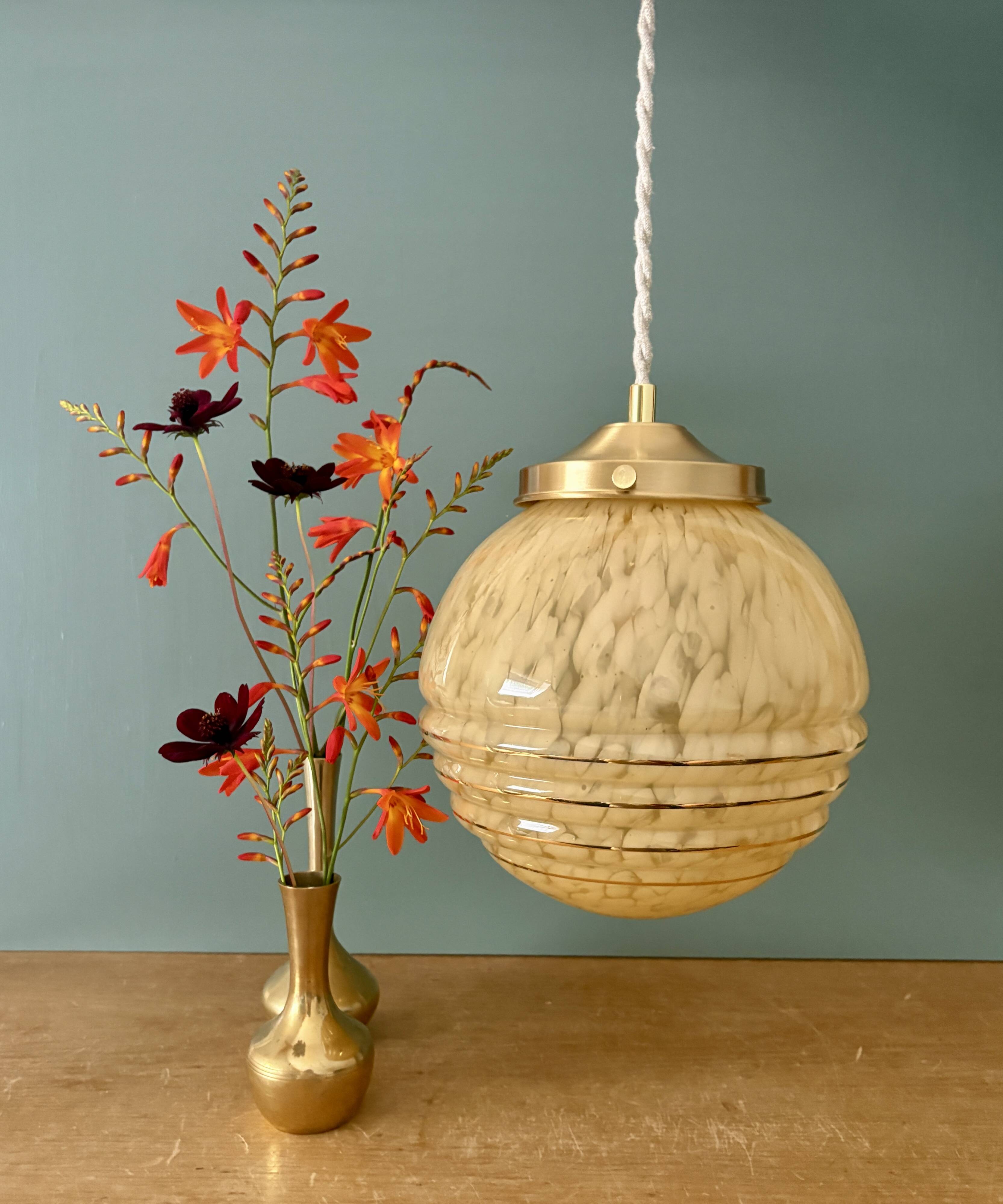 Vintage art deco globe pendant light in yellow and gold Clichy glass