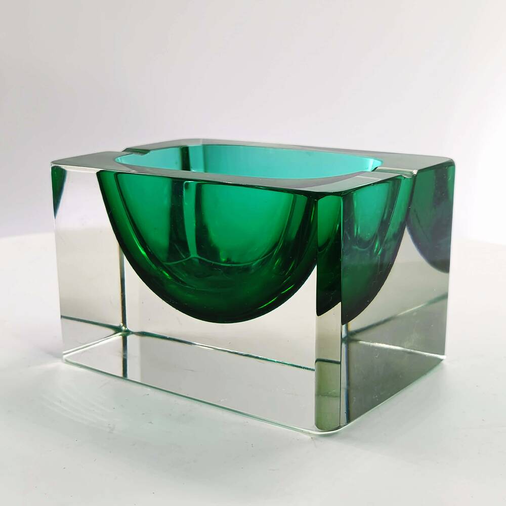 1960s Rare Rectangular Uranium Multifaceted Ashtray in Murano Glass