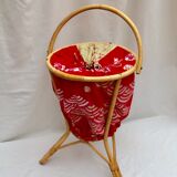 Bamboo worker rattan wicker around 50s-60s and red fabric color H -49cm X D-35cm-