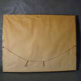 Alpine landscape painting with meadow, trees, and mountains.