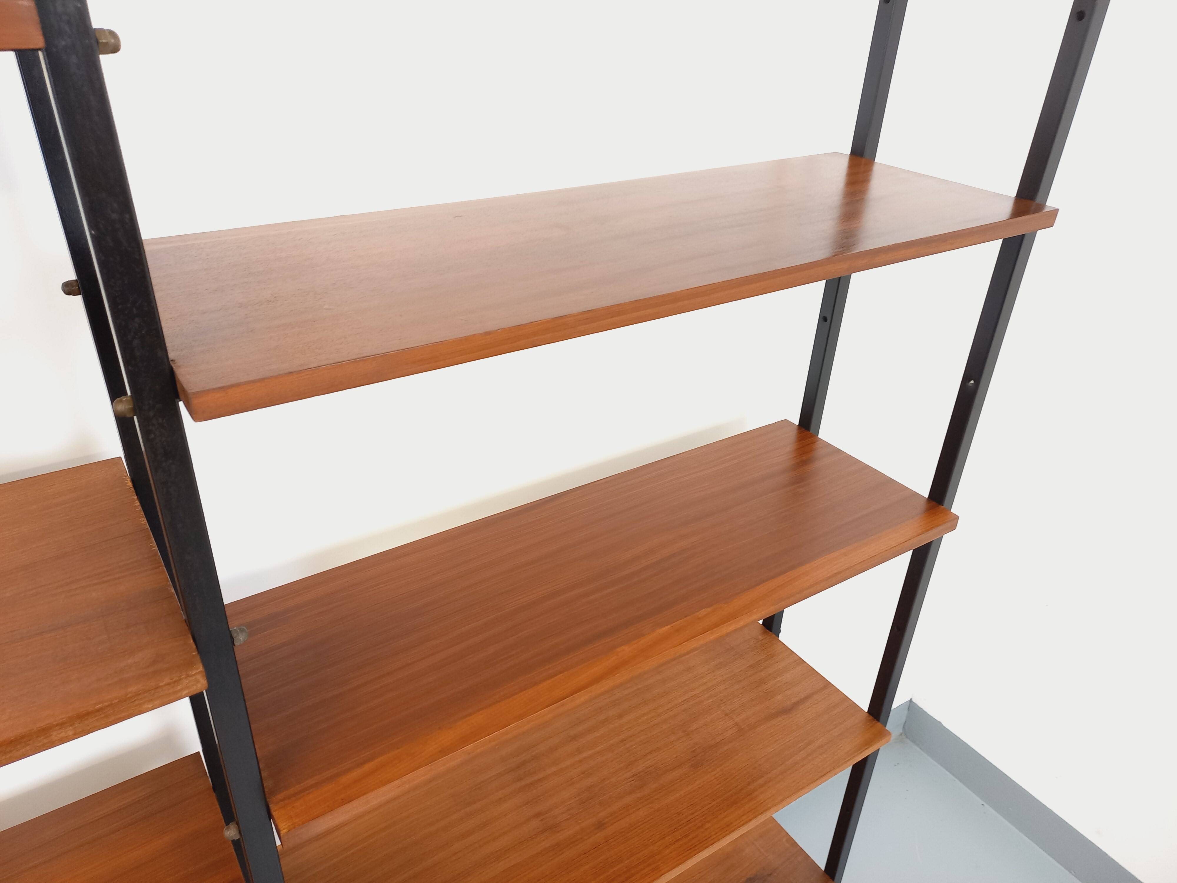 Vintage Italian triple modular bookshelf in teak and metal.