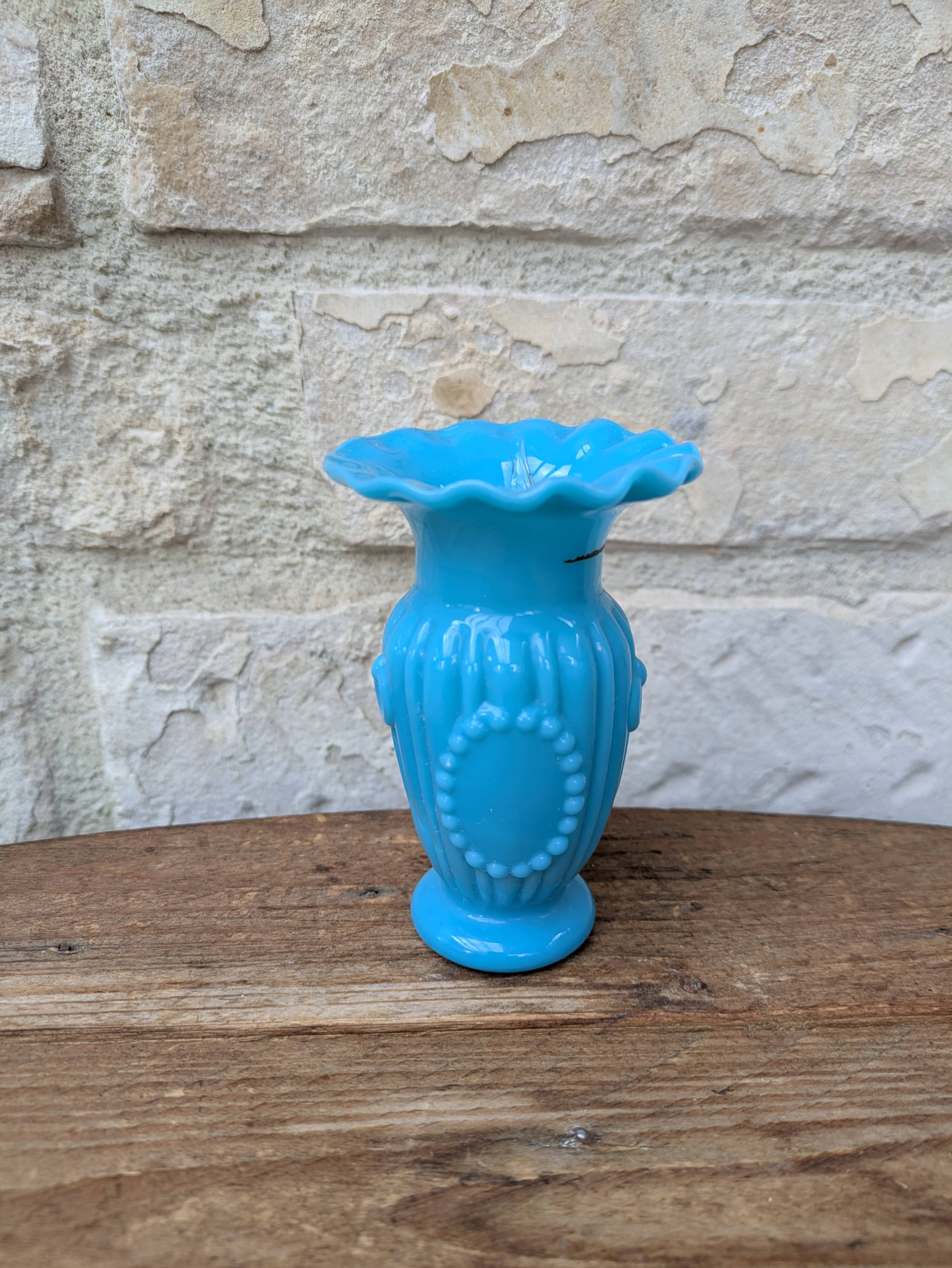 Antique small blue opaline vase with serrated neck and medallion decoration