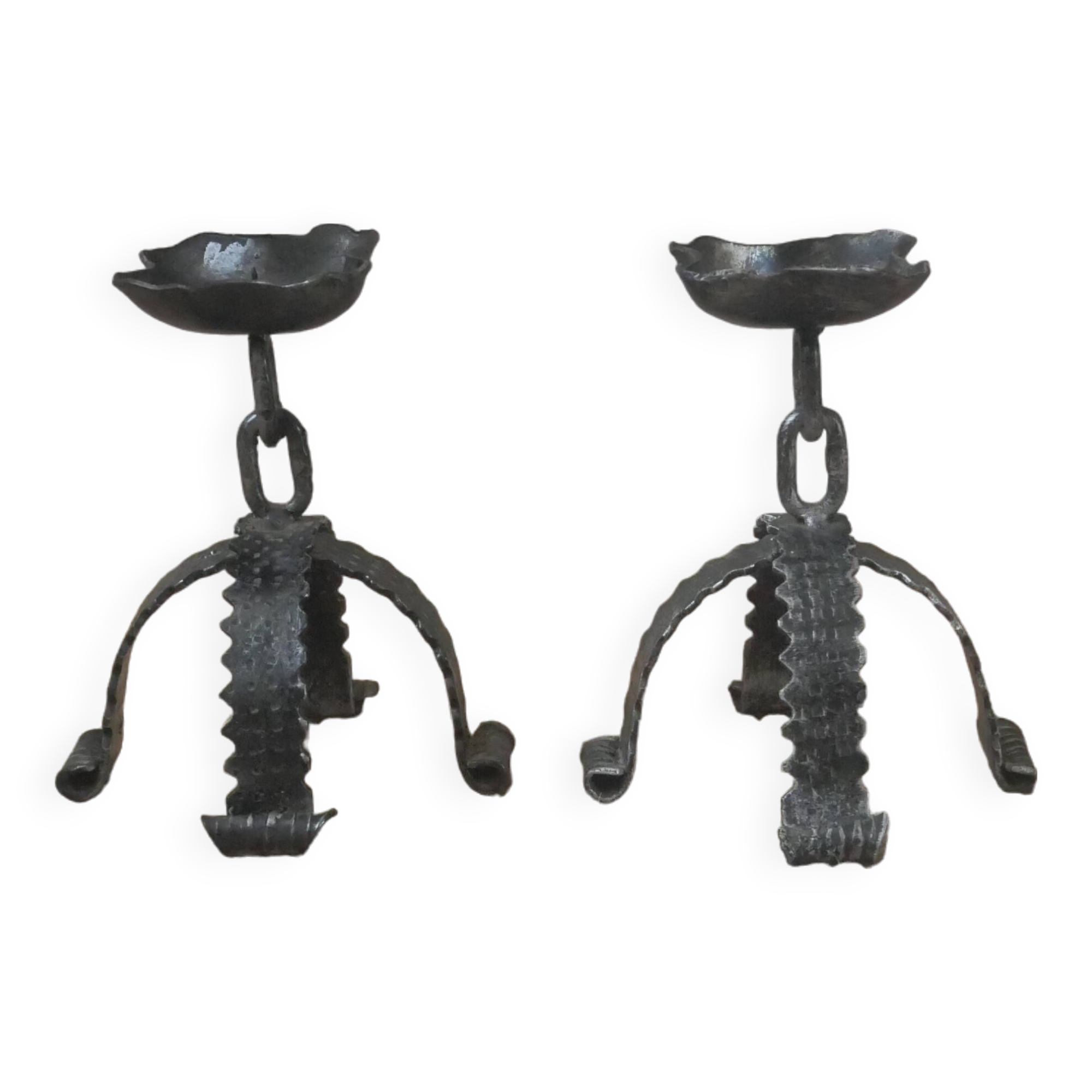 Pair of wrought iron candlesticks candelabra candlesticks handcrafted brutalist folk art