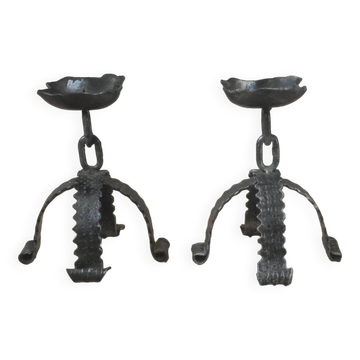 Pair of wrought iron candlesticks candelabra candlesticks handcrafted brutalist folk art
