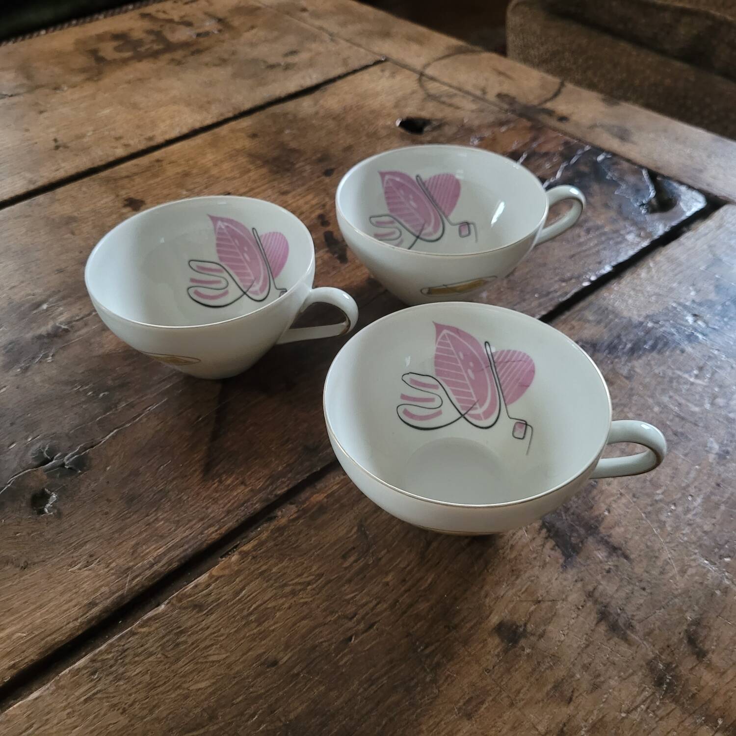 3 Bavaria Winterling porcelain cups – 1950s pink and green decor