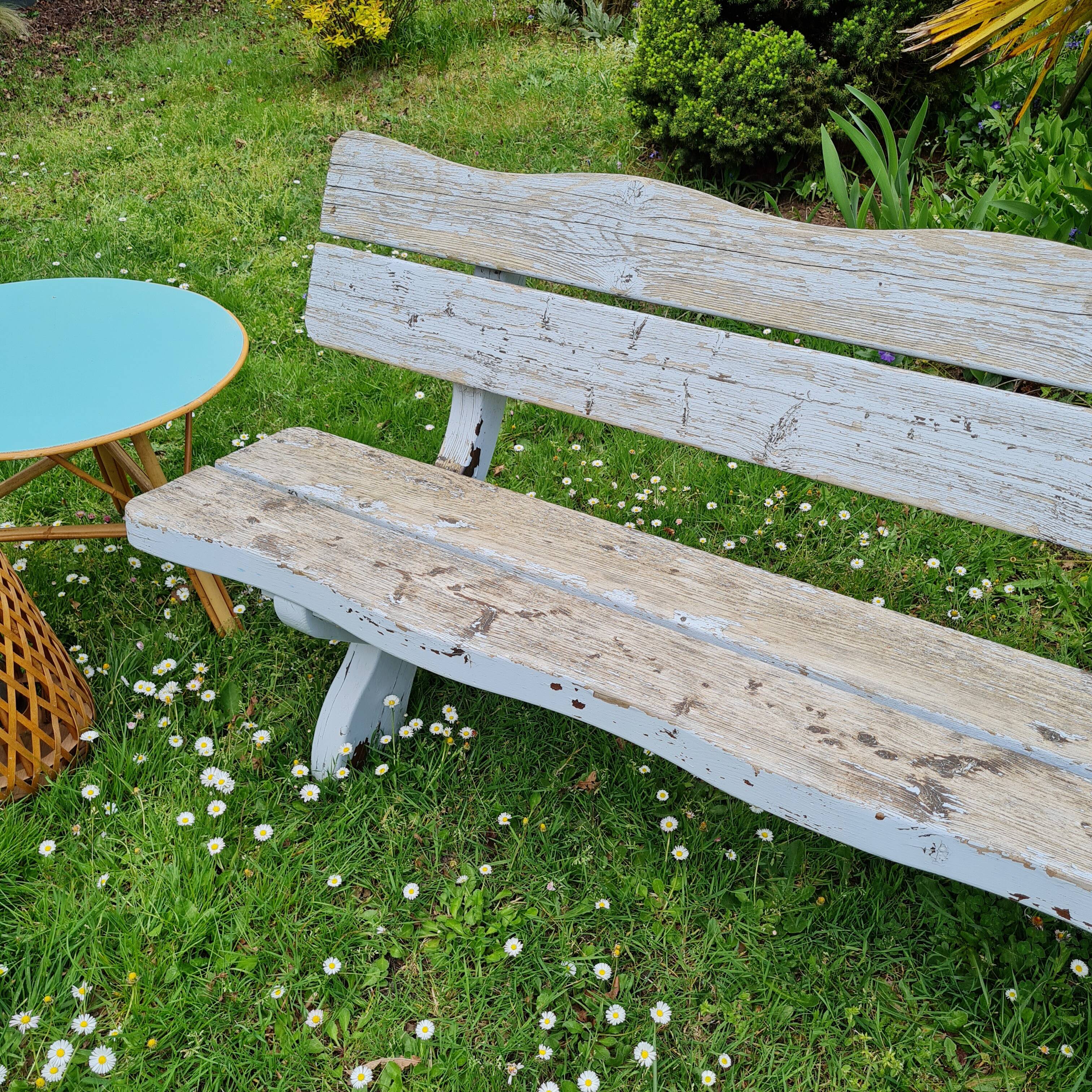 Exterior bench in patinated white solid wood