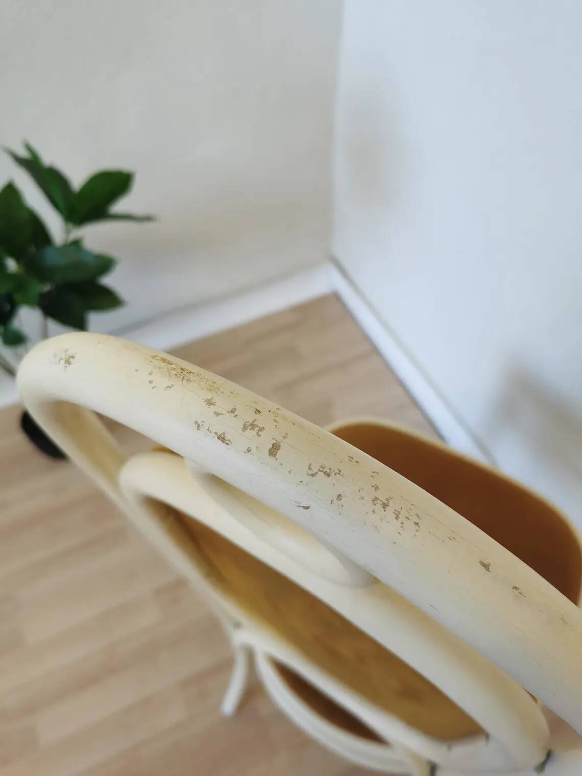 Vintage Thonet Bentwood Dining Chair: White Wood, Yellow Fabric, 1970s Yugo