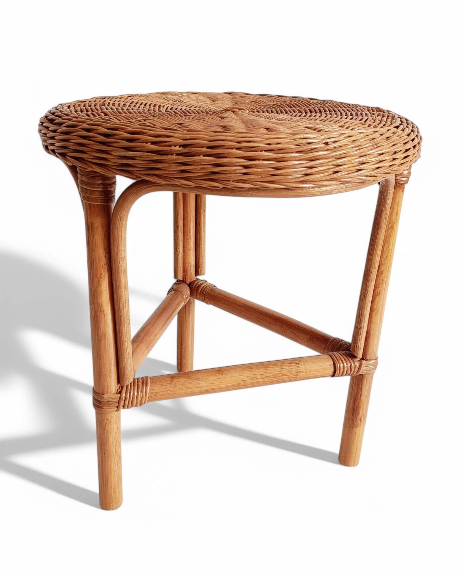 1960s Handmade Vintage French Riviera Wicker & Bamboo Side Table