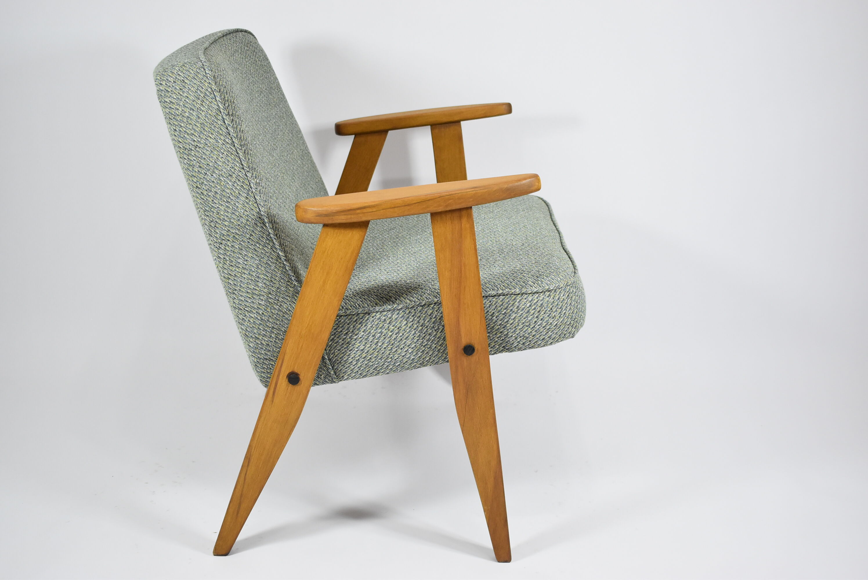 Armchair 366, designer J. Chierowski, 1960s, green fabric, teak