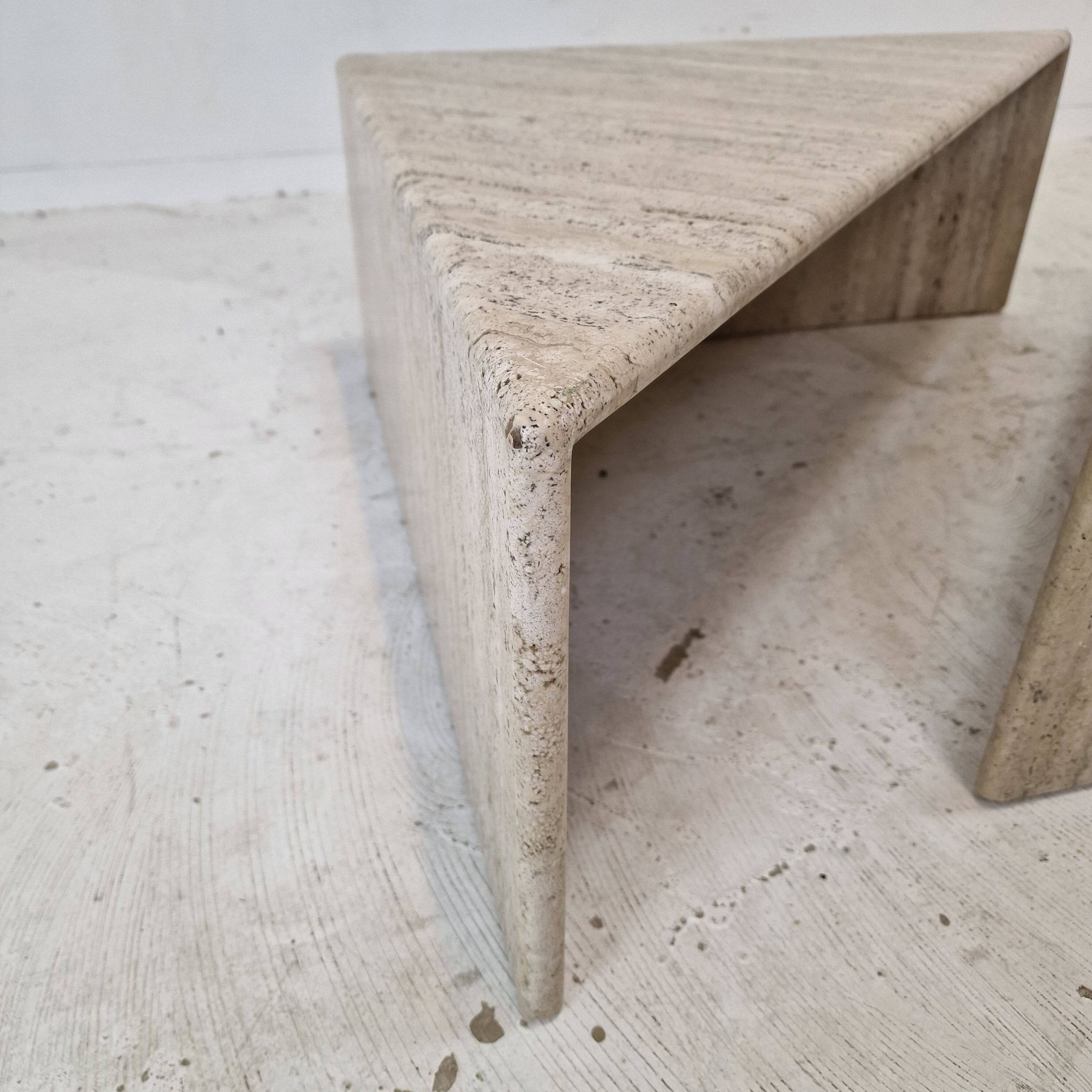 Set of Two Triangle Coffee Tables In Travertine By Up & Up, Italy 1980's