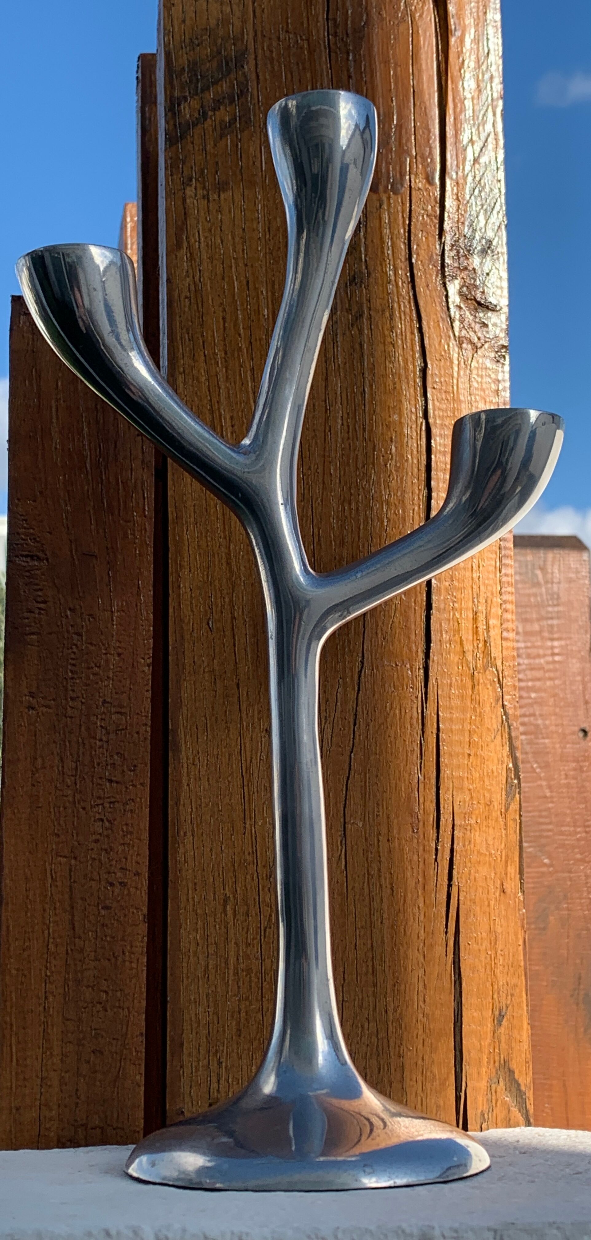 Organic candle holder in brushed aluminum, 3 branches, 1970