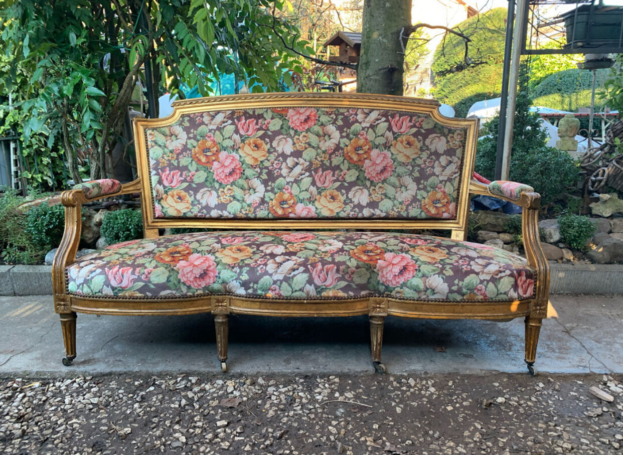 19th-century floral velvet bench