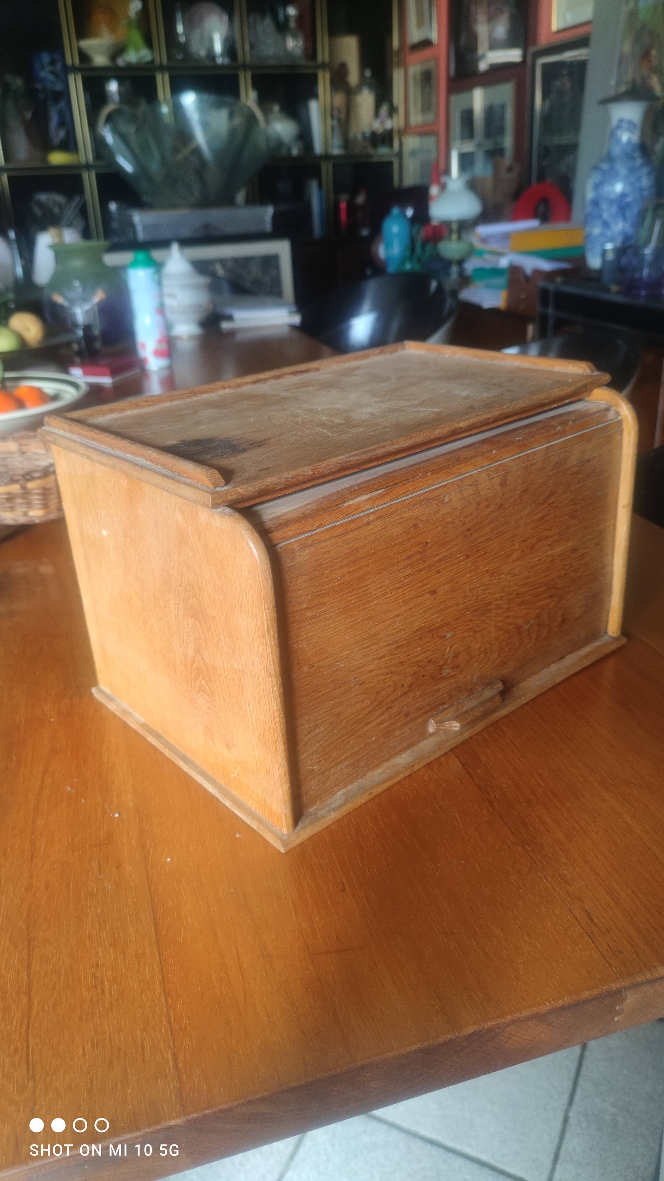Oak roll-top desk organizer, circa 1930