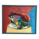 Original Swedish Oil On Panel – “Sitar And Fruit” – Vintage & Framed – 57 × 69 Cm (22.4" × 27.2")
