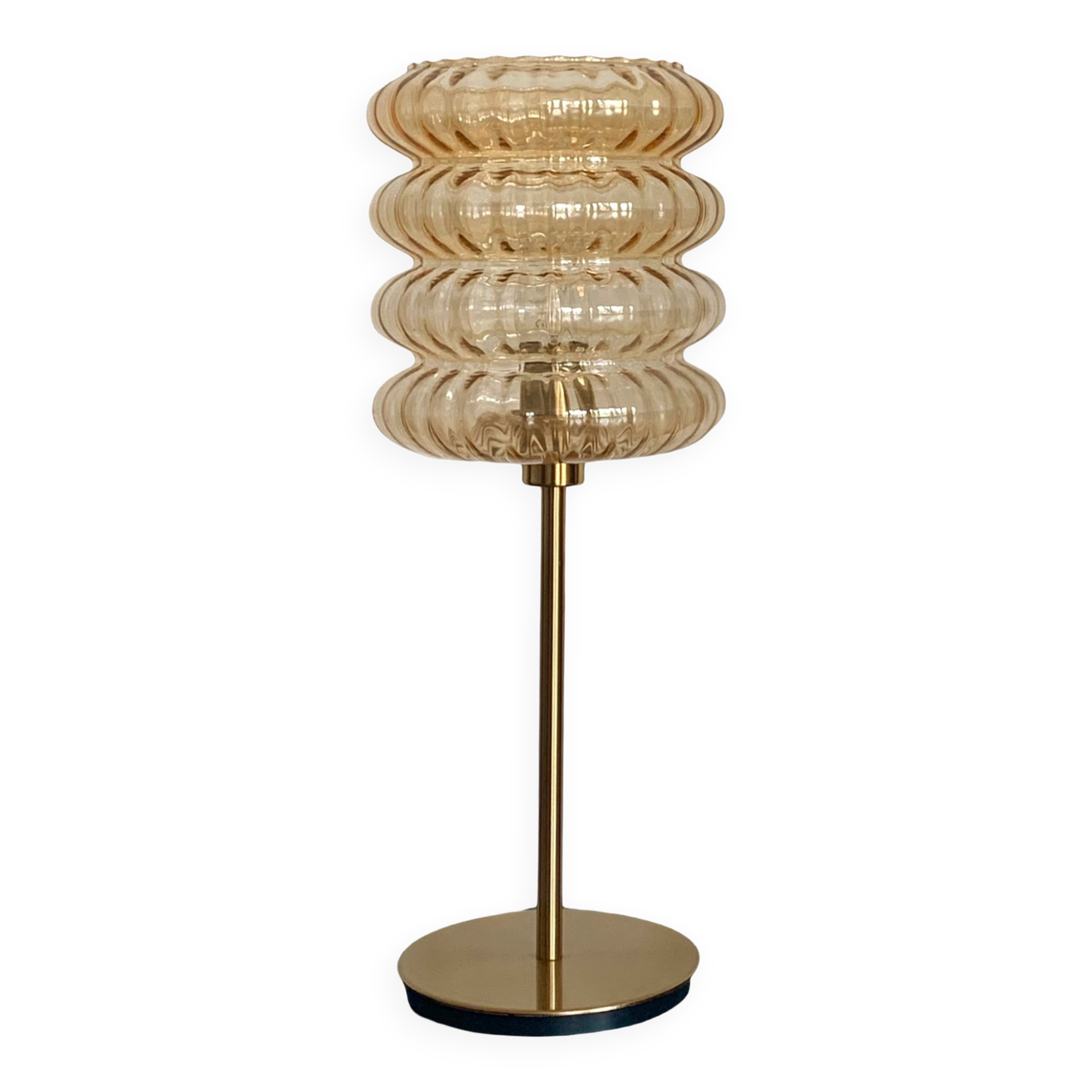 Lampe à poser avec un globe strié doré vintage et un pied doré
