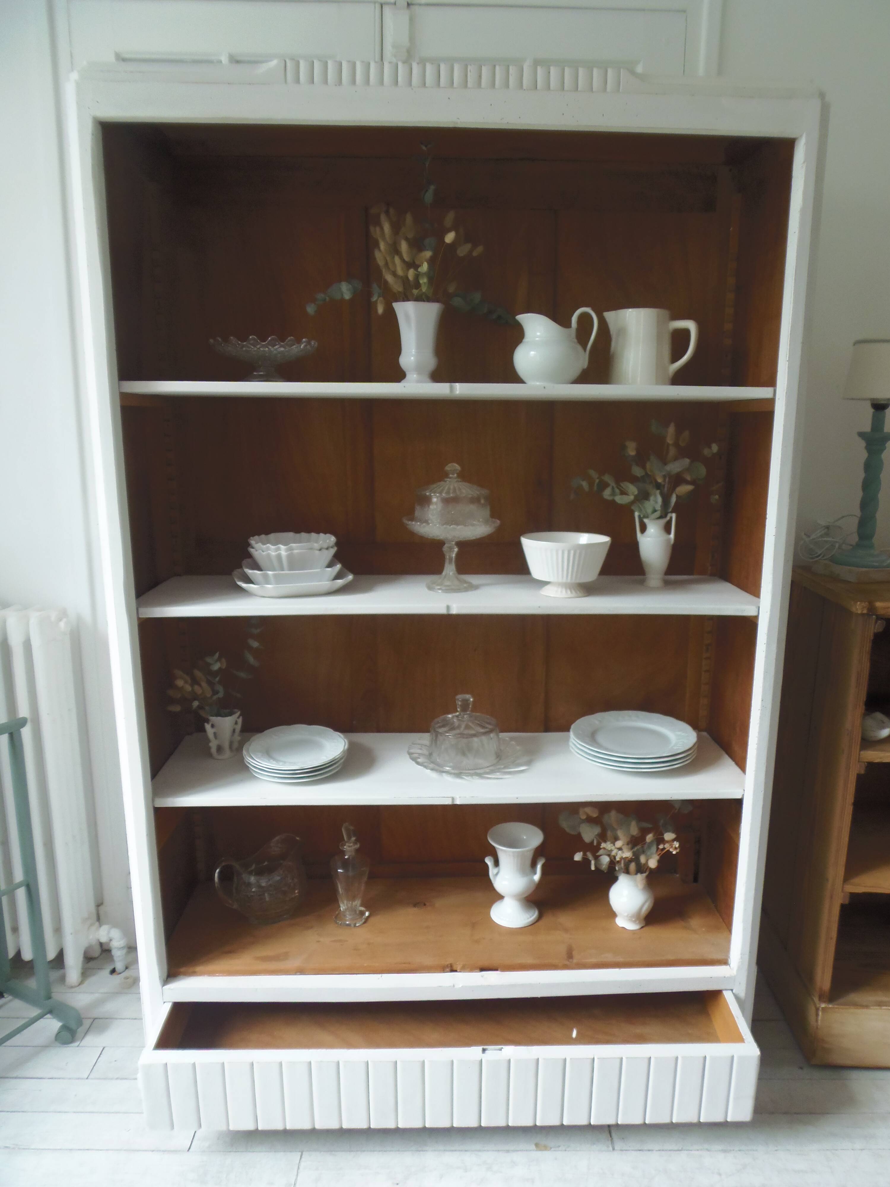 Re-enchanted vintage bookcase in pearl grey waxed finish.