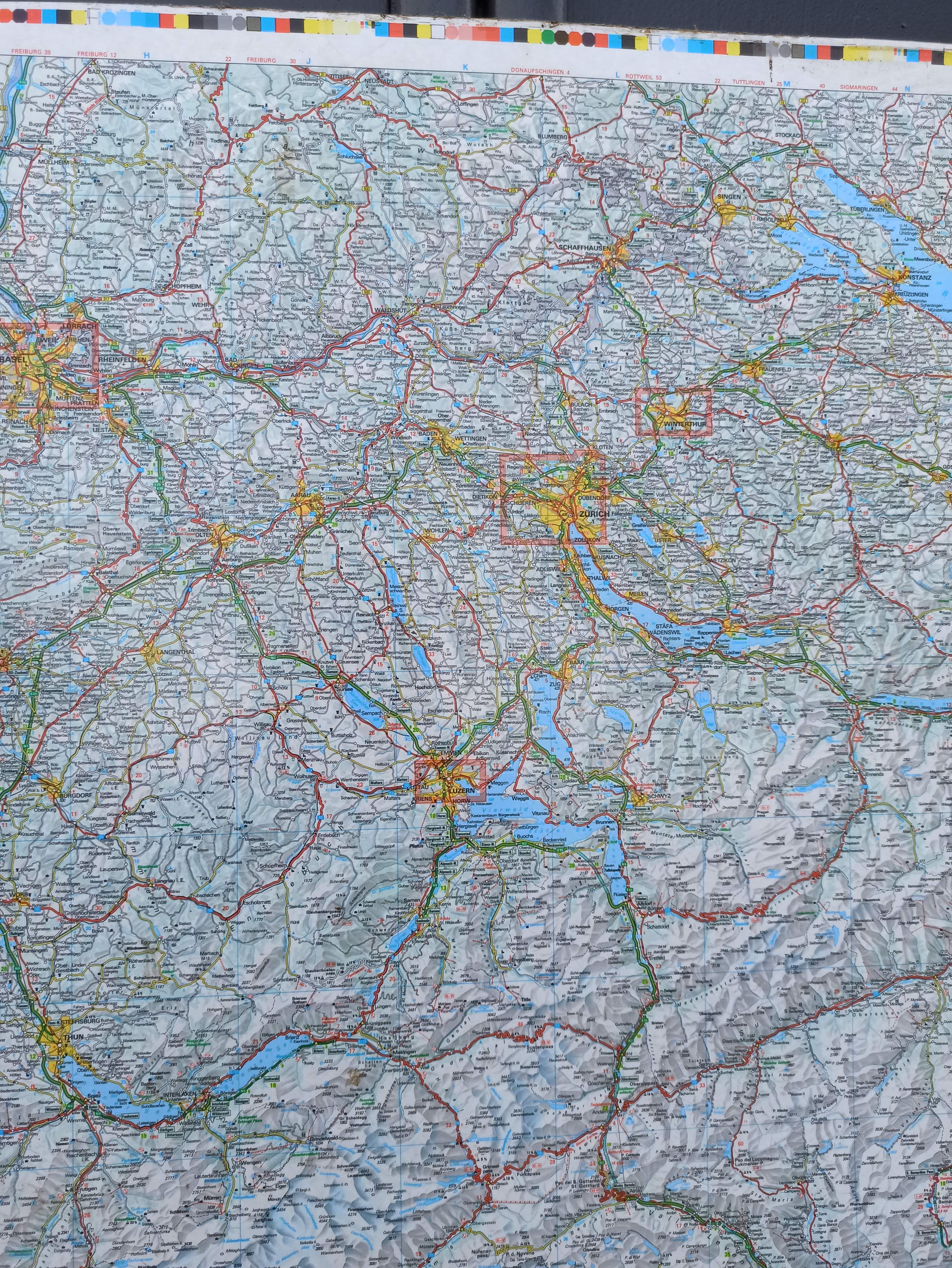 Very large Swiss road map on tole - 126 x 86.5 cm
