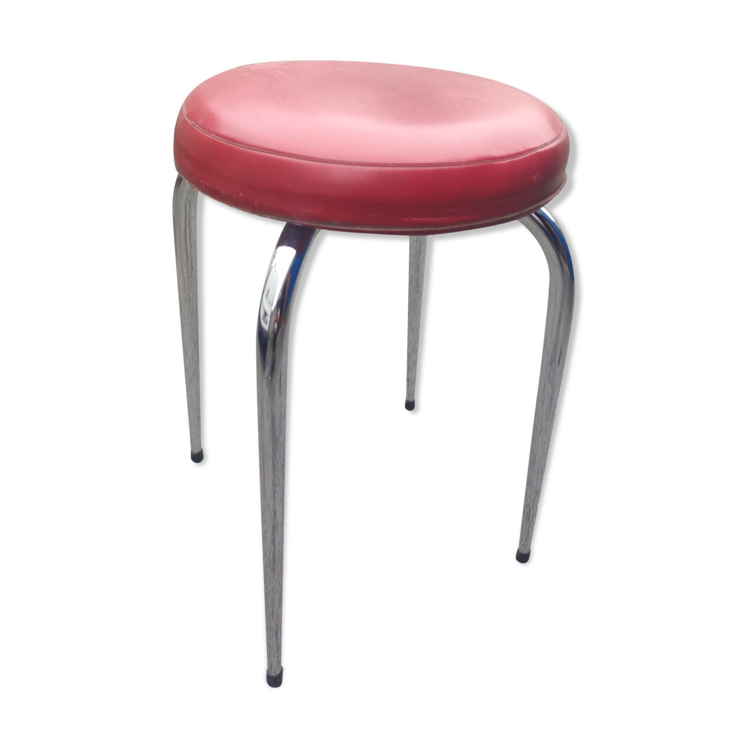 Stool tubing metal chrome seat imitation leather red vintage
