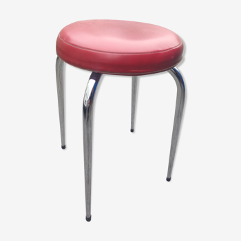 Stool tubing metal chrome seat imitation leather red vintage