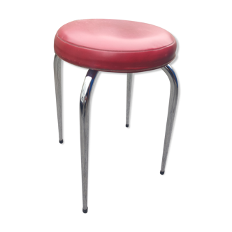 Stool tubing metal chrome seat imitation leather red vintage