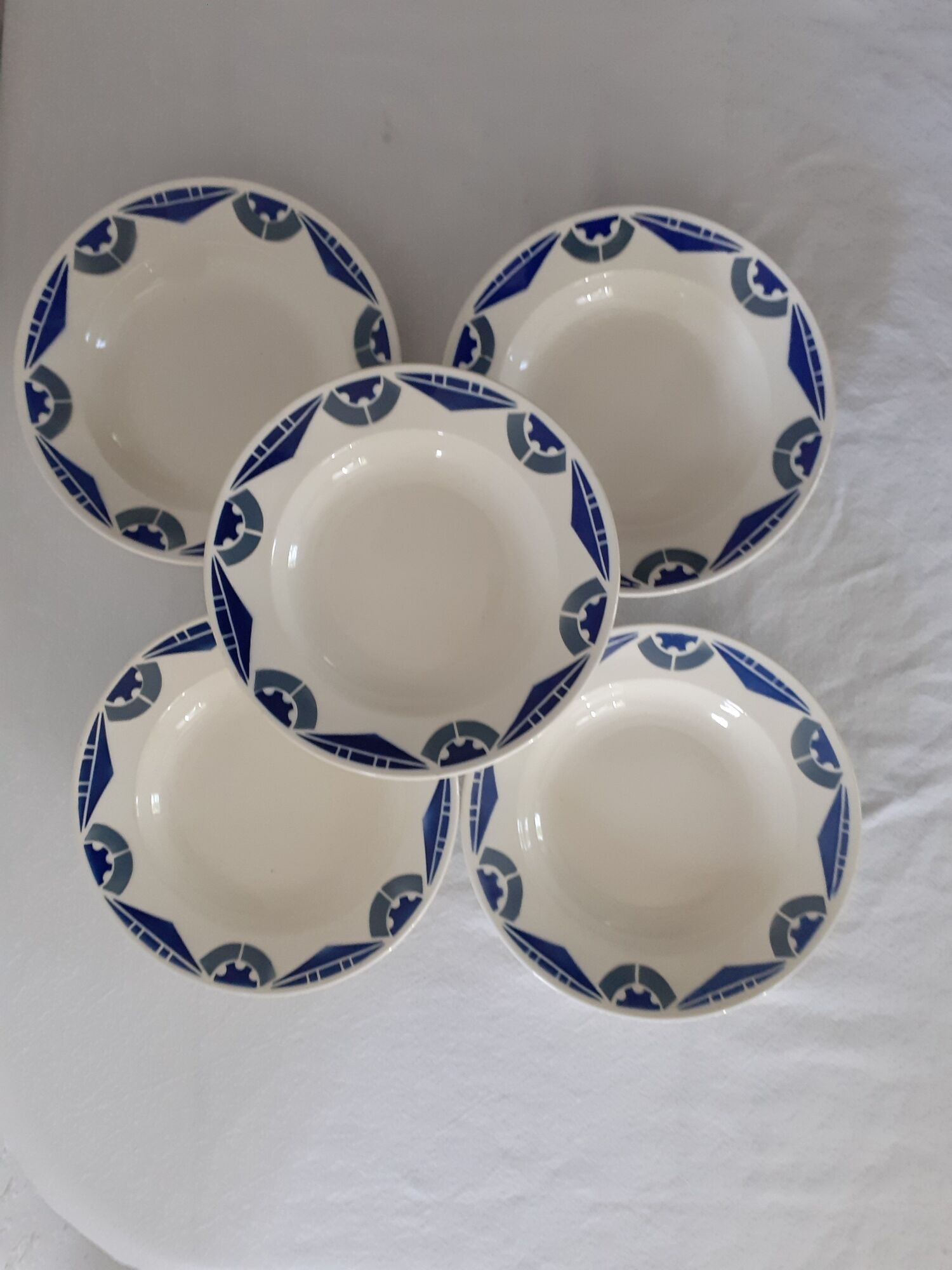 5 hollow plates badonviller blue and gray geometric decoration art deco faience old