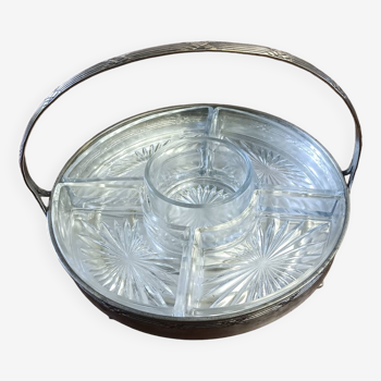 Round metal serving tray and glass compartments. Chiseled silver metal.