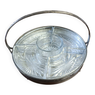 Round metal serving tray and glass compartments. Chiseled silver metal.