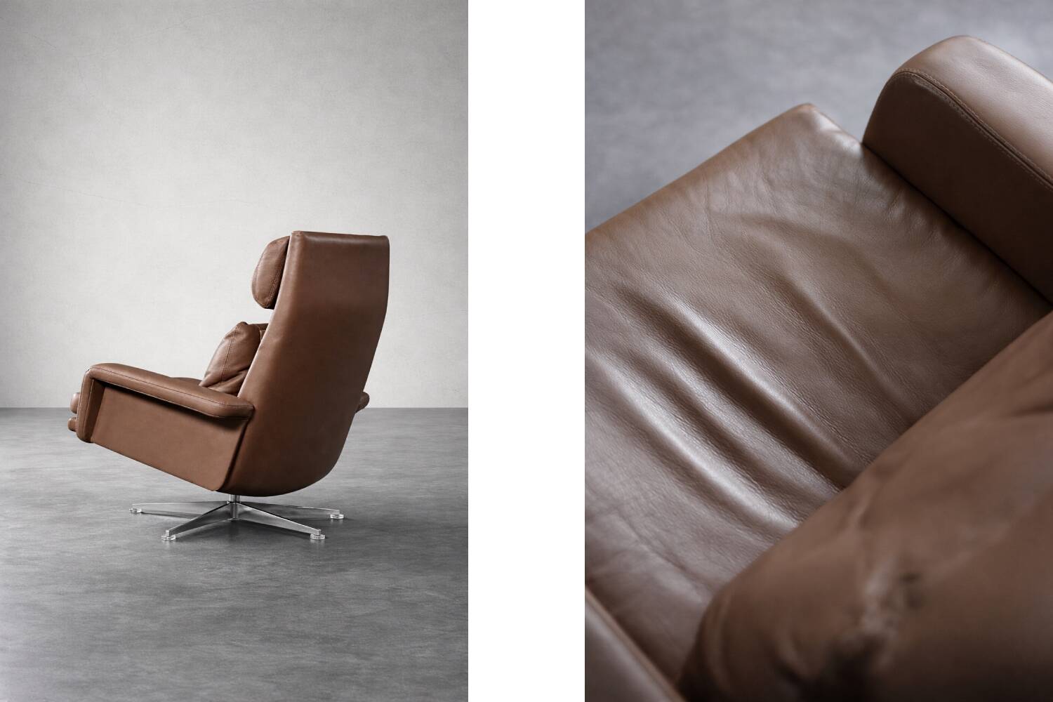 Vintage Mid-Century Danish Modern Brown Leather Swivel Chair and Ottoman