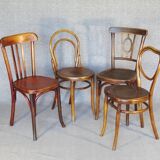 Set of 4 mismatched bistro chairs, 1900 to 1930 with wooden seats, Thonet, Baumann