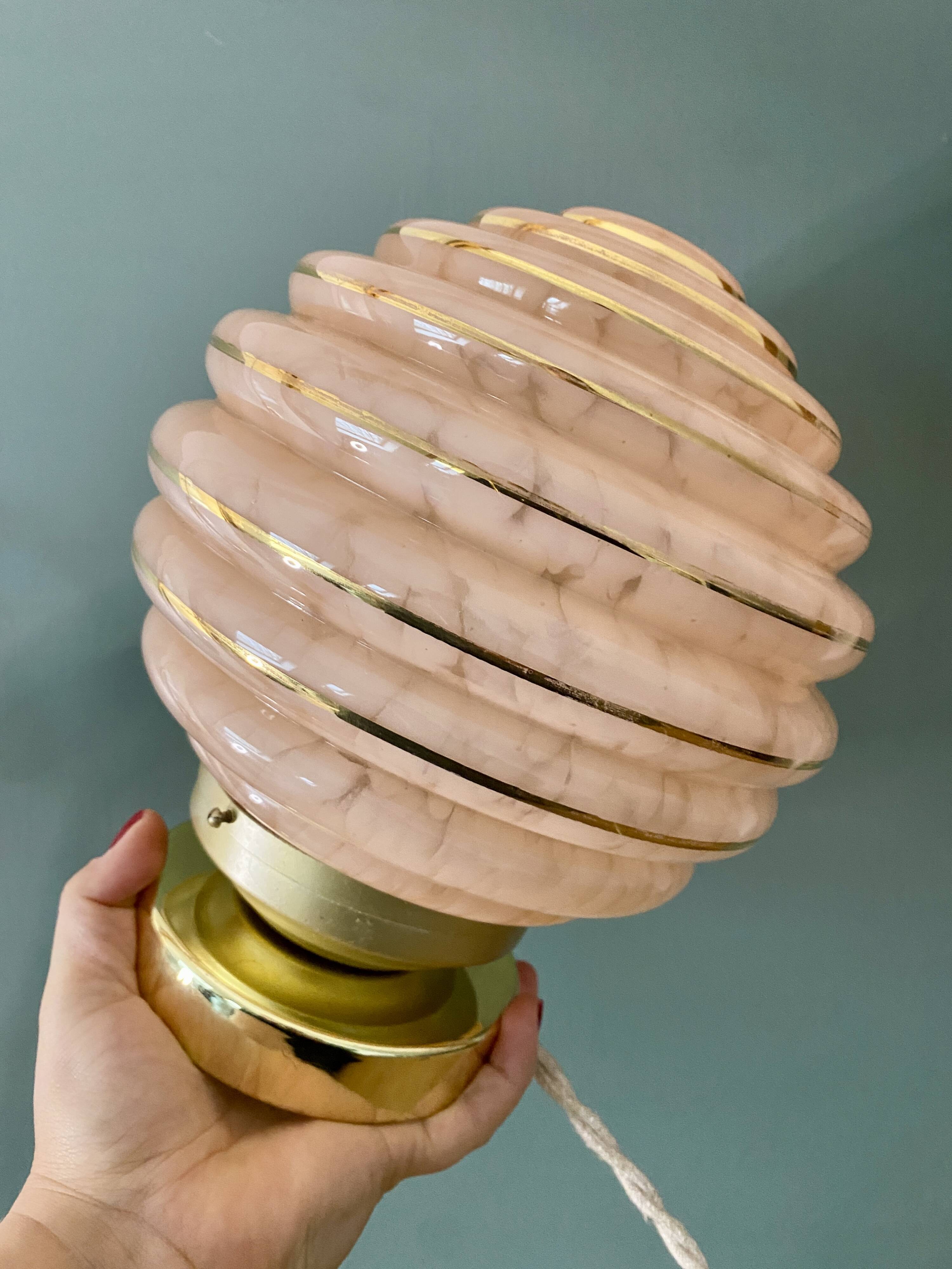 Vintage art deco globe table lamp in pink and gold Clichy glass