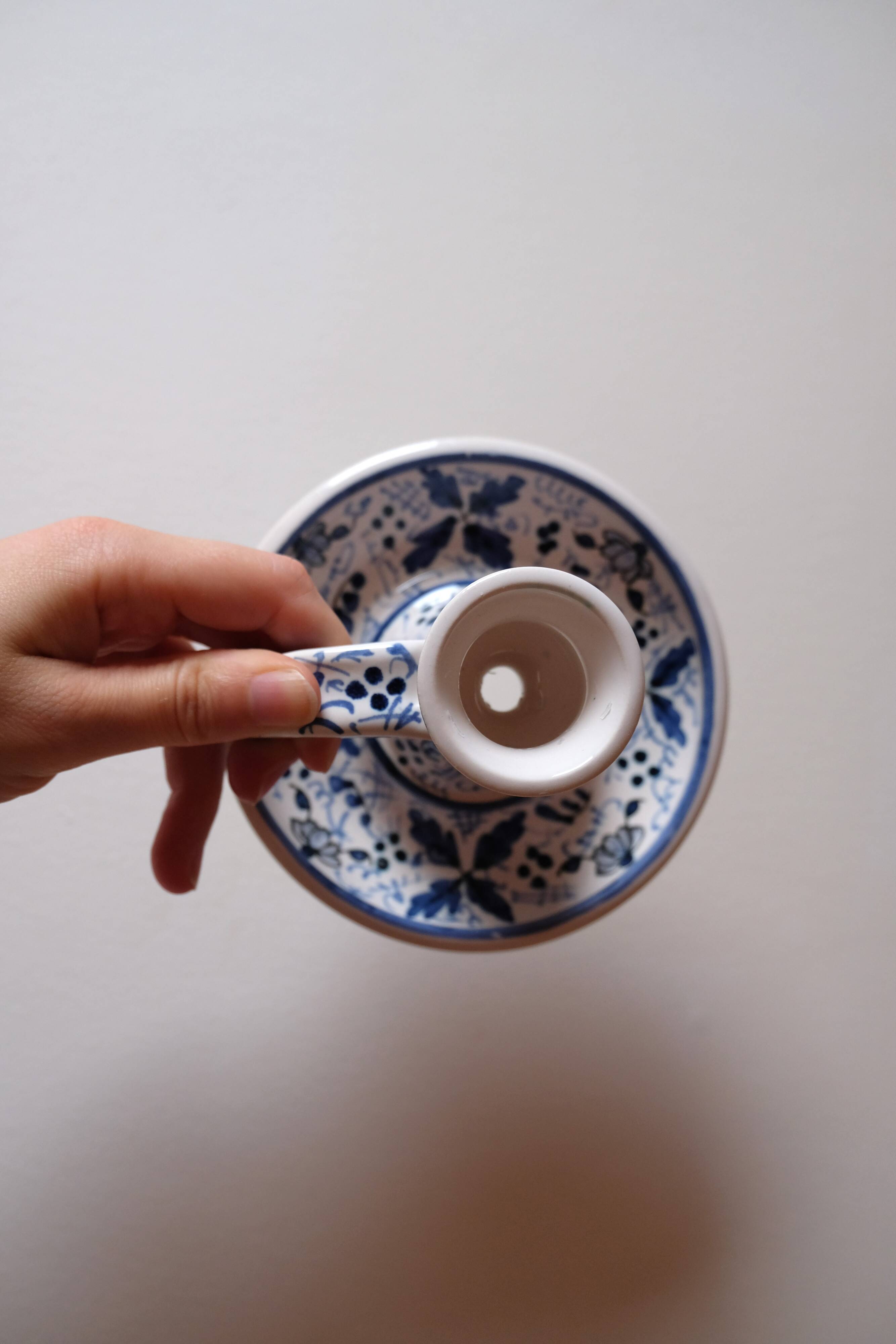 Blue patterned ceramic candle holder