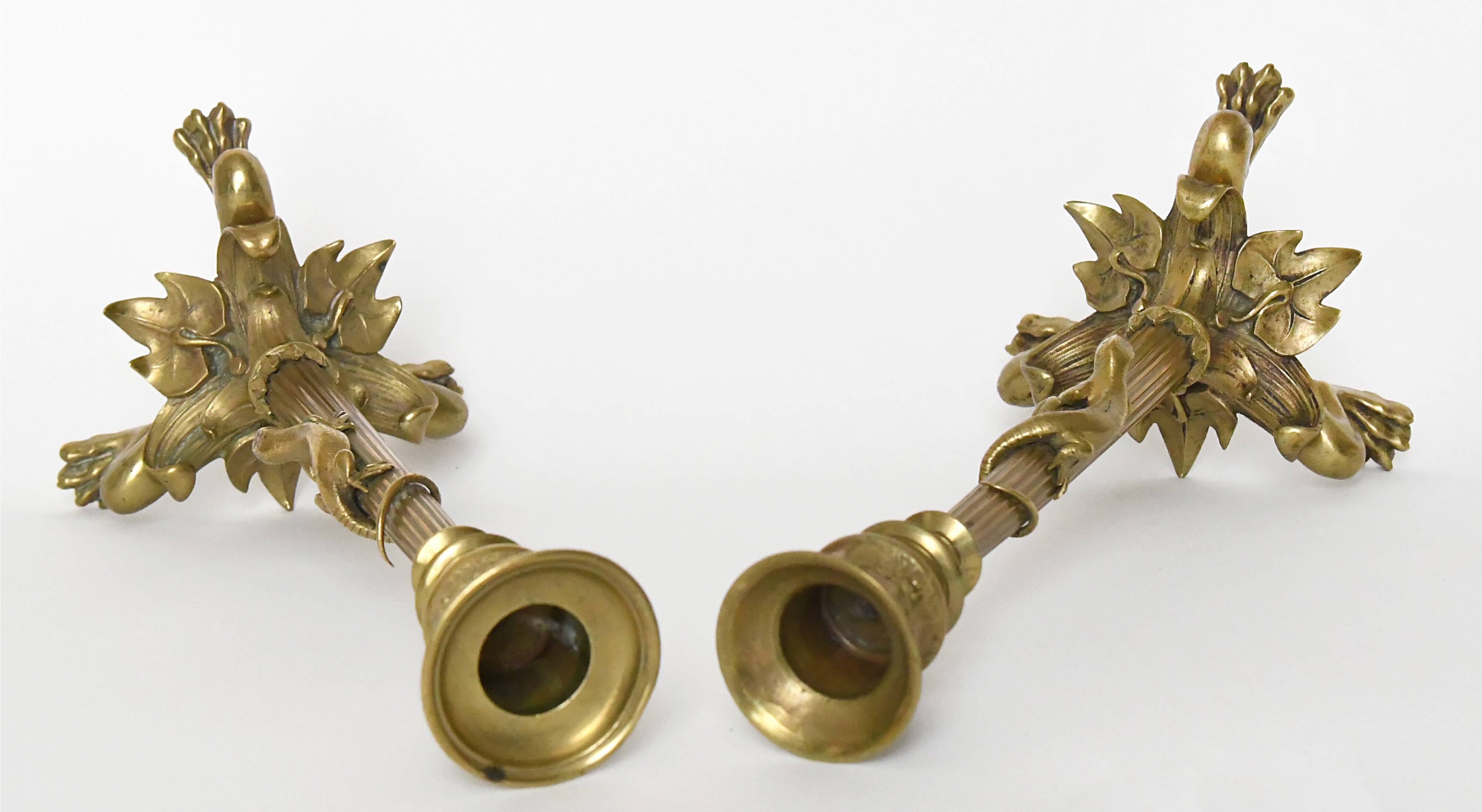 Pair of gilded bronze candlesticks decorated with lizards