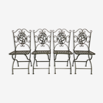 Chaises de jardin 4 fer forgé "croisillon" patiné vert de gris