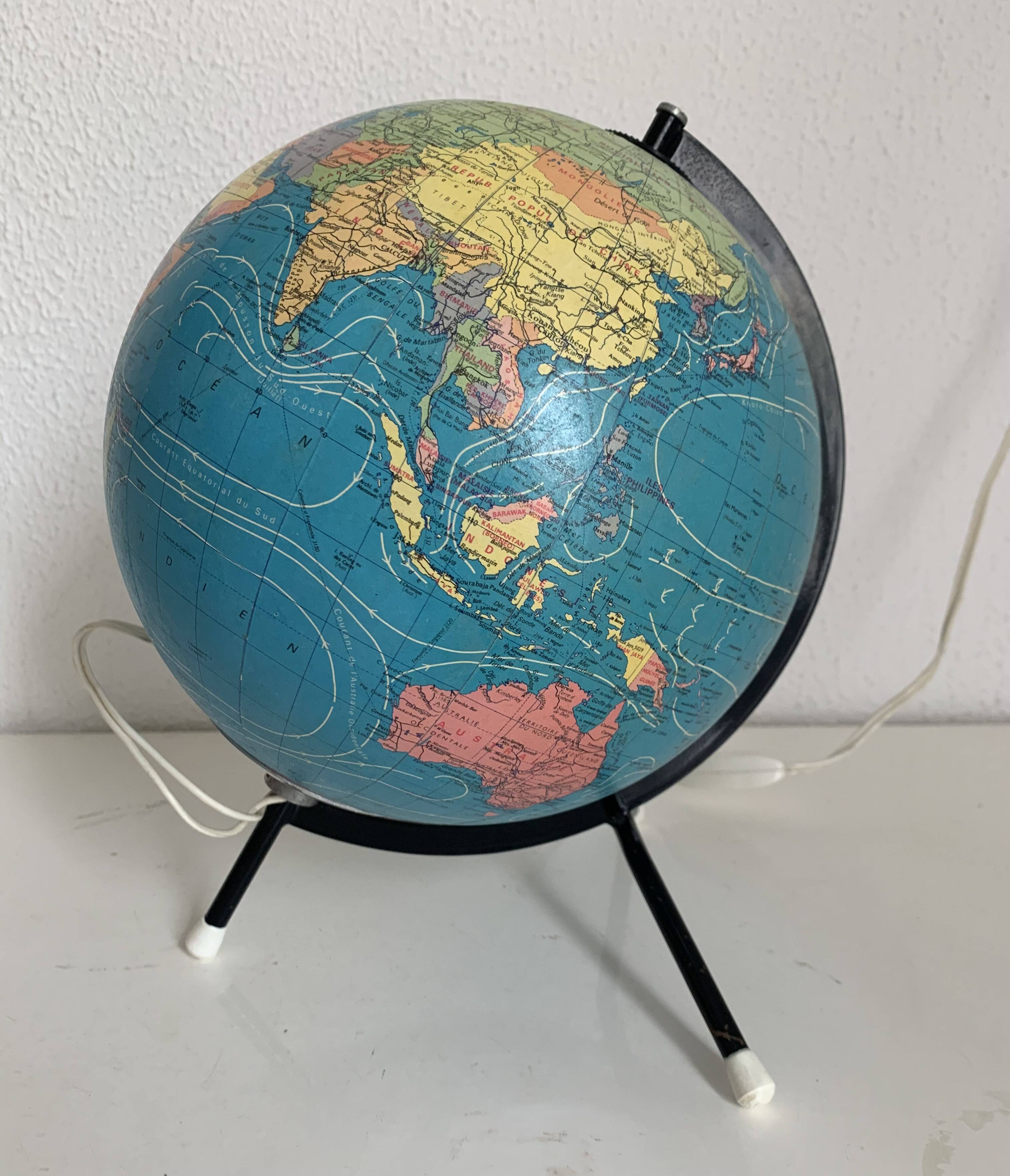 Vintage globe 1975 terrestrial tripod glass Taride world map - 28 cm